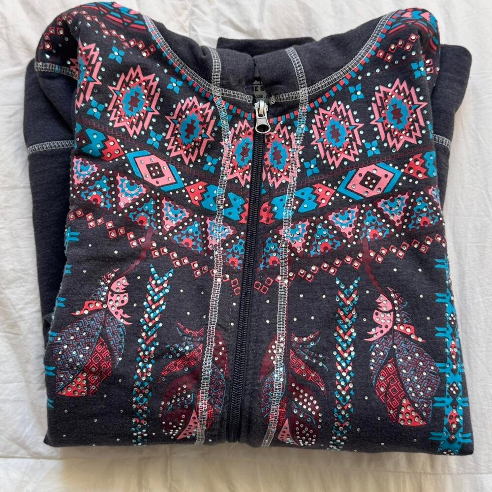 Back in the Saddle Gray bedazzled aztec print zip up hoodie sz L country western